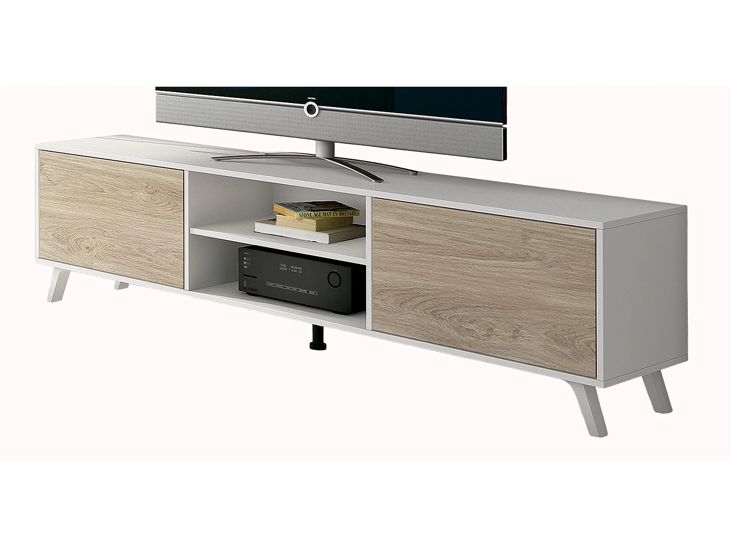 Meuble TV coloris blanc/chêne - Longueur 180 x Profondeur 39,6 x Hauteur 49 cm