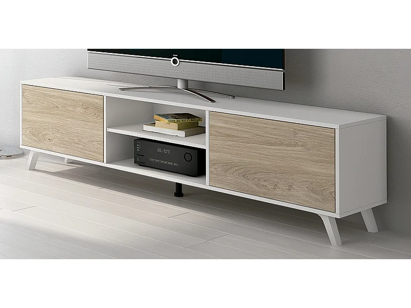 Meuble TV coloris blanc/chêne - Longueur 180 x Profondeur 39,6 x Hauteur 49 cm