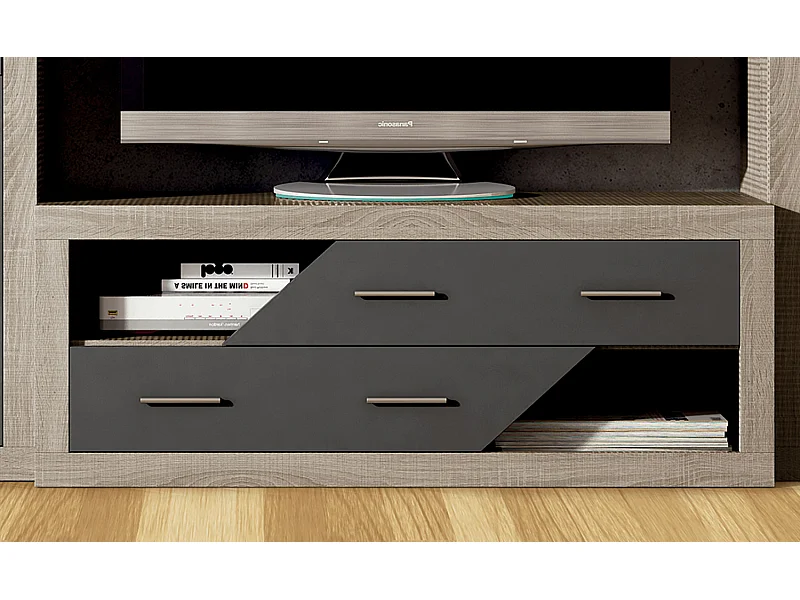 Meuble TV 2 tiroirs coloris chêne cambrian, graphite - Longueur 130 x profondeur 41,4 x hauteur 50 cm