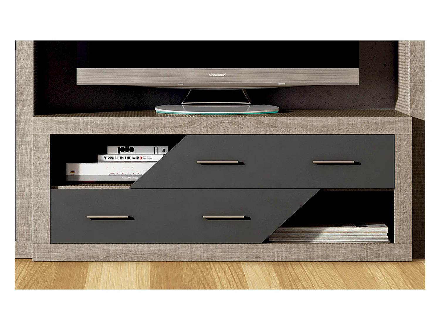 Meuble TV 2 tiroirs coloris chêne cambrian, graphite - Longueur 130 x profondeur 41,4 x hauteur 50 cm