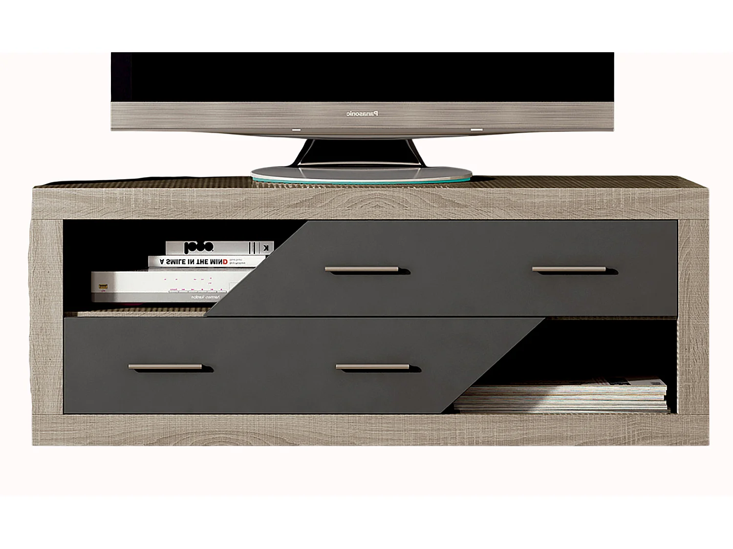 Meuble TV 2 tiroirs coloris chêne cambrian, graphite - Longueur 130 x profondeur 41,4 x hauteur 50 cm