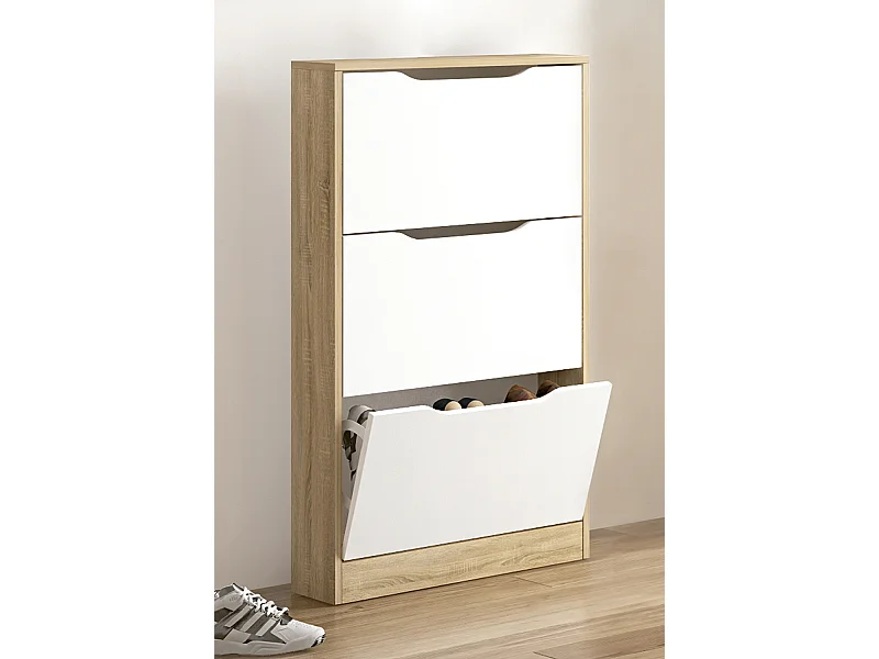 Meuble à chaussures 3 portes coloris Chêne cambrian/blanc - Longueur 60 x profondeur 17 x hauteur 108,1 cm