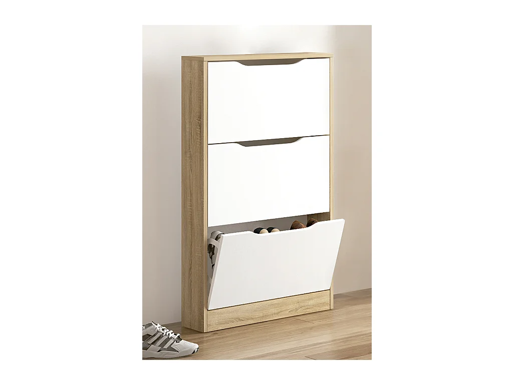 Meuble à chaussures 3 portes coloris Chêne cambrian/blanc - Longueur 60 x profondeur 17 x hauteur 108,1 cm