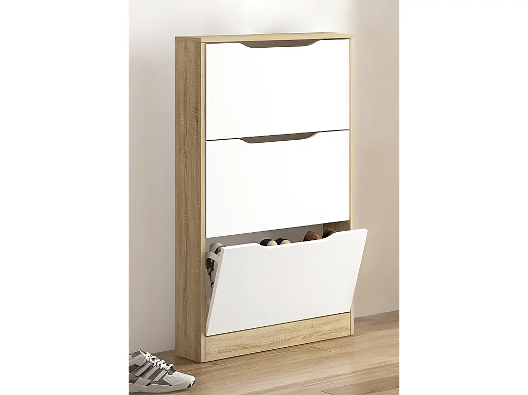 Meuble à chaussures 3 portes coloris Chêne cambrian/blanc - Longueur 60 x profondeur 17 x hauteur 108,1 cm
