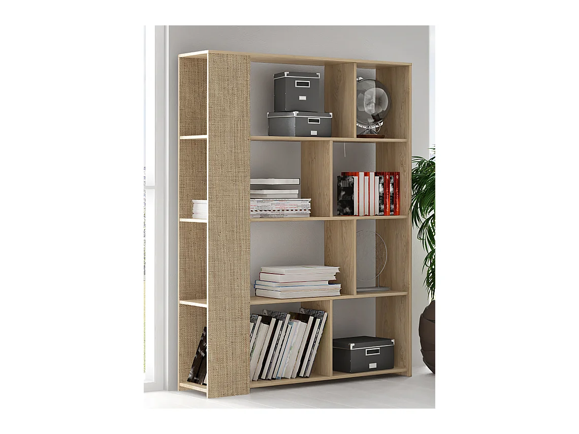 Bibliothèque, meuble étagère coloris chêne cambrian/effet textile - Longueur 129 x Profondeur 32.8 x Hauteur 174 cm