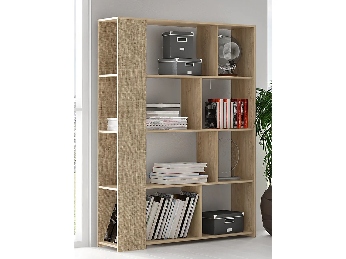 Bibliothèque, meuble étagère coloris chêne cambrian/effet textile - Longueur 129 x Profondeur 32.8 x Hauteur 174 cm