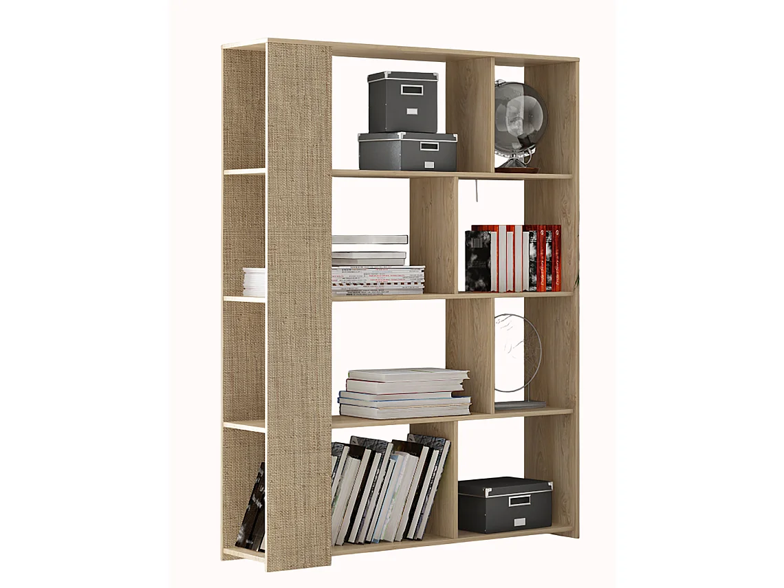 Bibliothèque, meuble étagère coloris chêne cambrian/effet textile - Longueur 129 x Profondeur 32.8 x Hauteur 174 cm