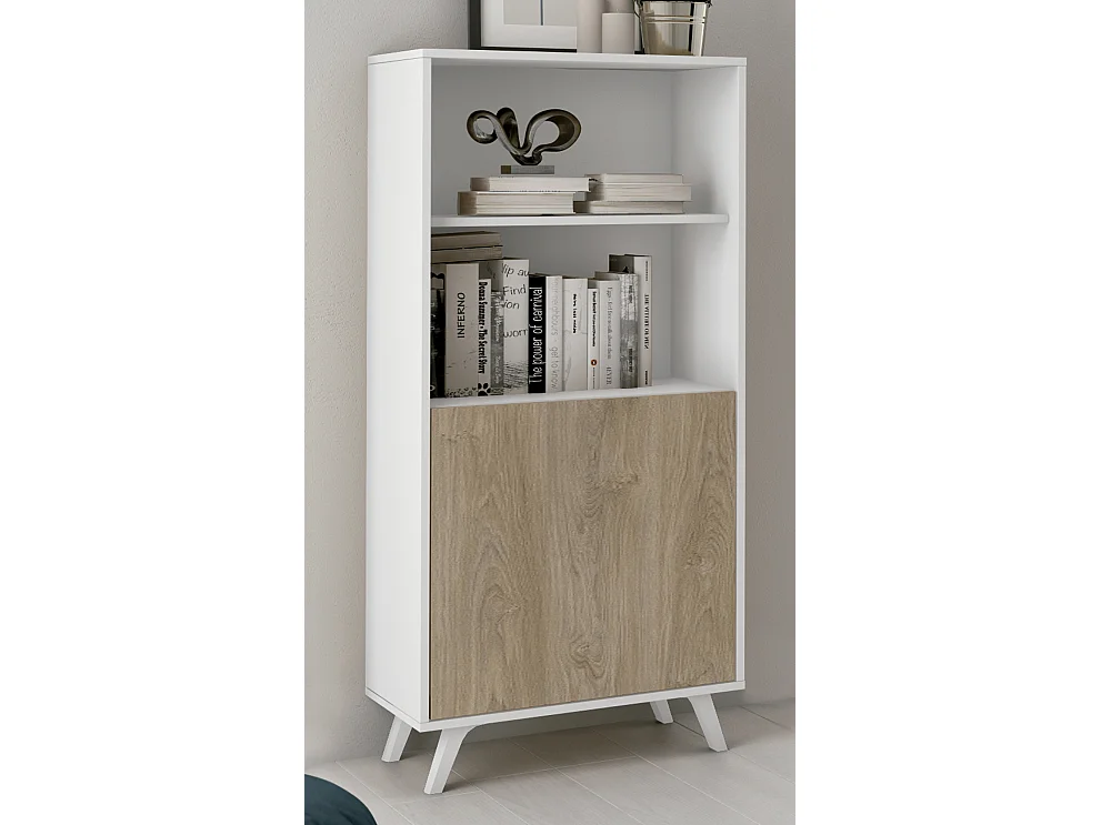 Bibliothèque étagère, meuble de rangement coloris blanc/chêne - Longueur 60 x Profondeur 39.6 x Hauteur 135 cm
