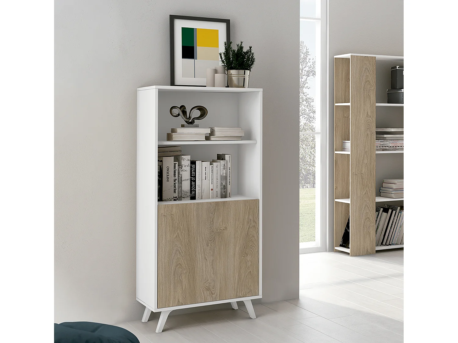 Bibliothèque étagère, meuble de rangement coloris blanc/chêne - Longueur 60 x Profondeur 39.6 x Hauteur 135 cm