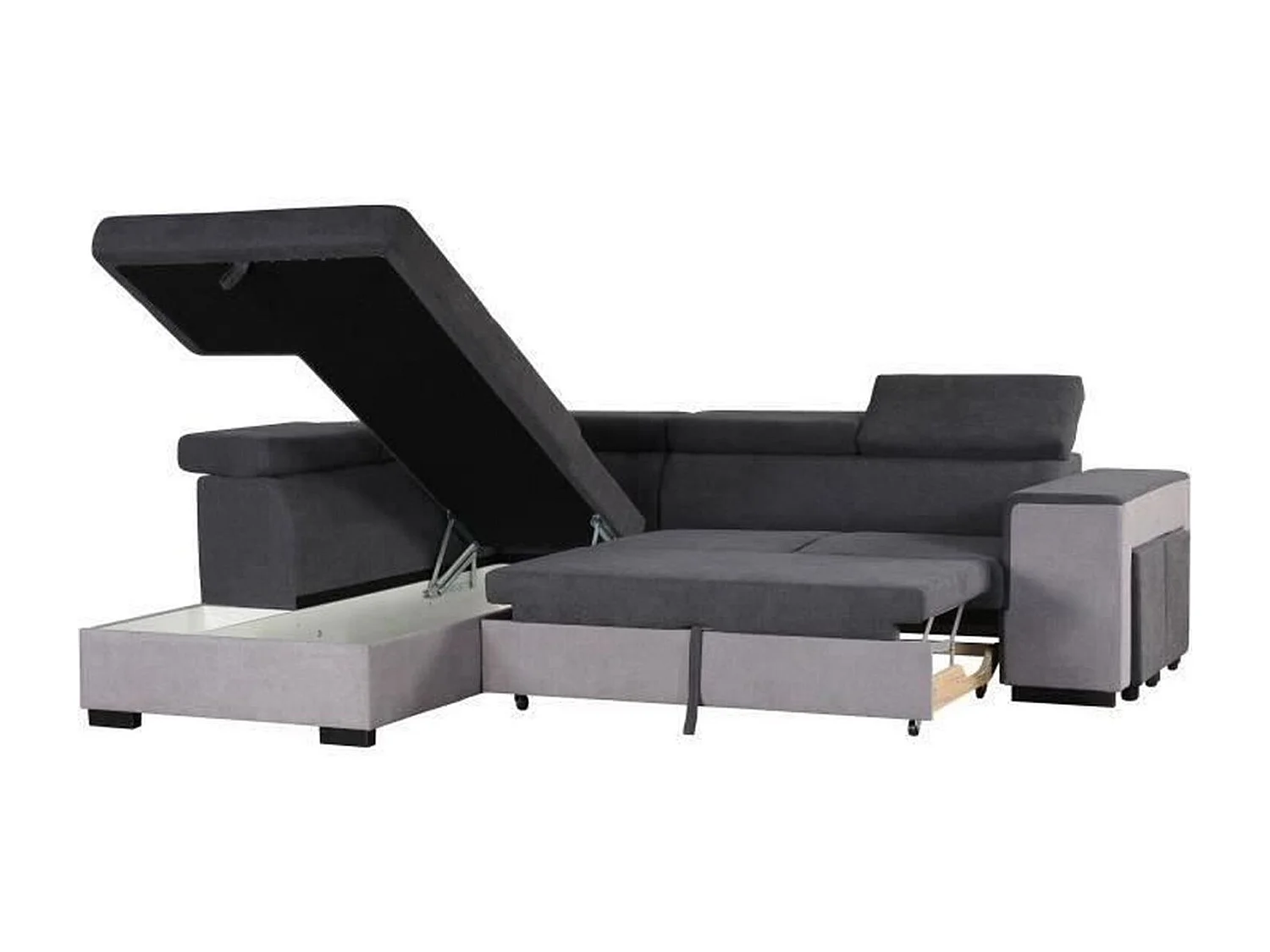 ARMSTRONG Canape dangle gauche convertible + coffre 5 places - Tissu gris clair et gris fonce  -L 271 x P 220 x H 77 cm