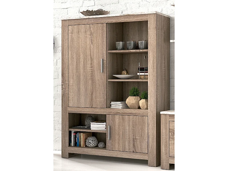 Buffet haut, meuble de rangement coloris Chêne truffé, blanc vieilli - Longueur 112 x Profondeur 37 x Hauteur 158,6 cm