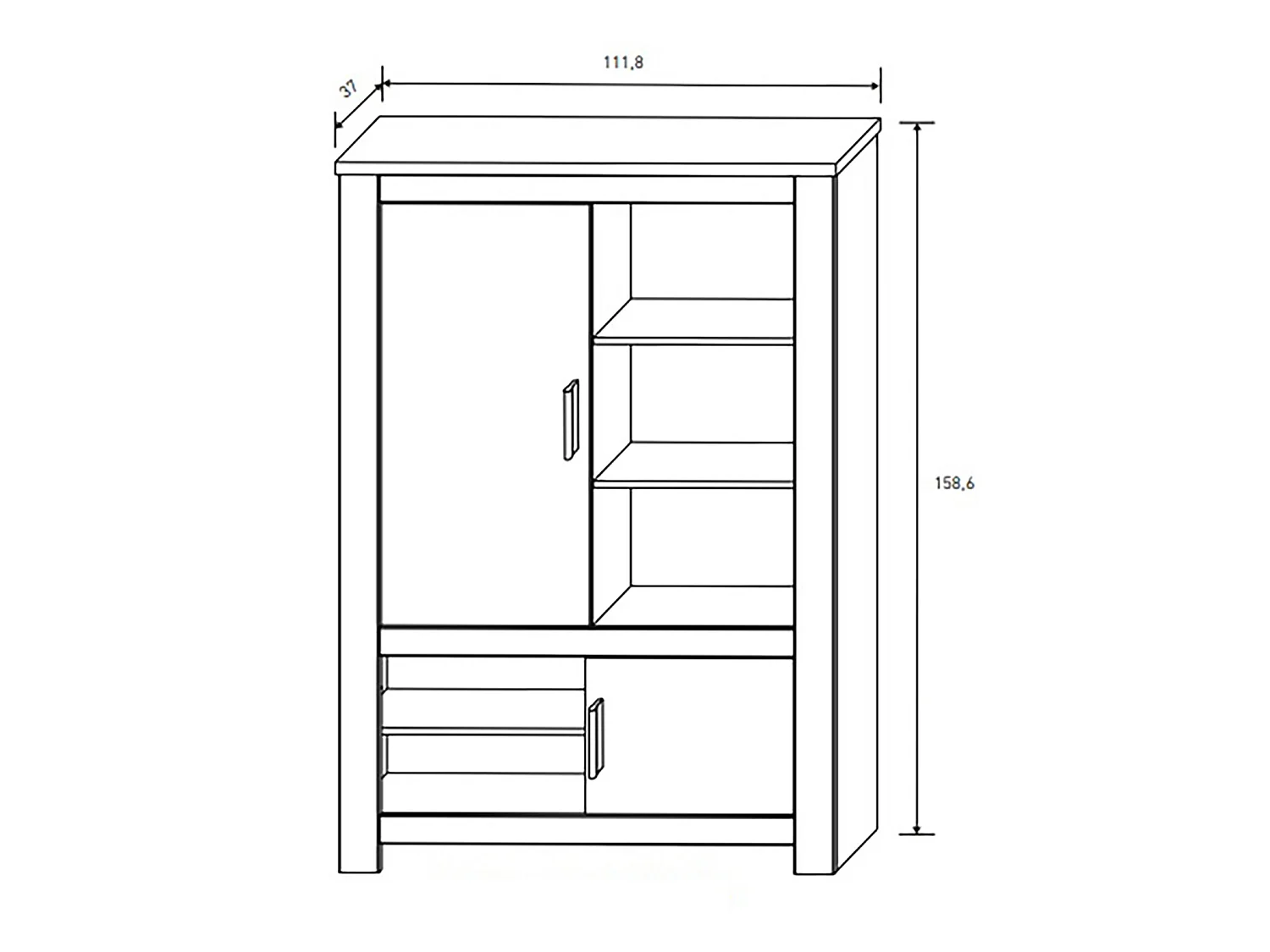 Buffet haut, meuble de rangement coloris Chêne truffé, blanc vieilli - Longueur 112 x Profondeur 37 x Hauteur 158,6 cm