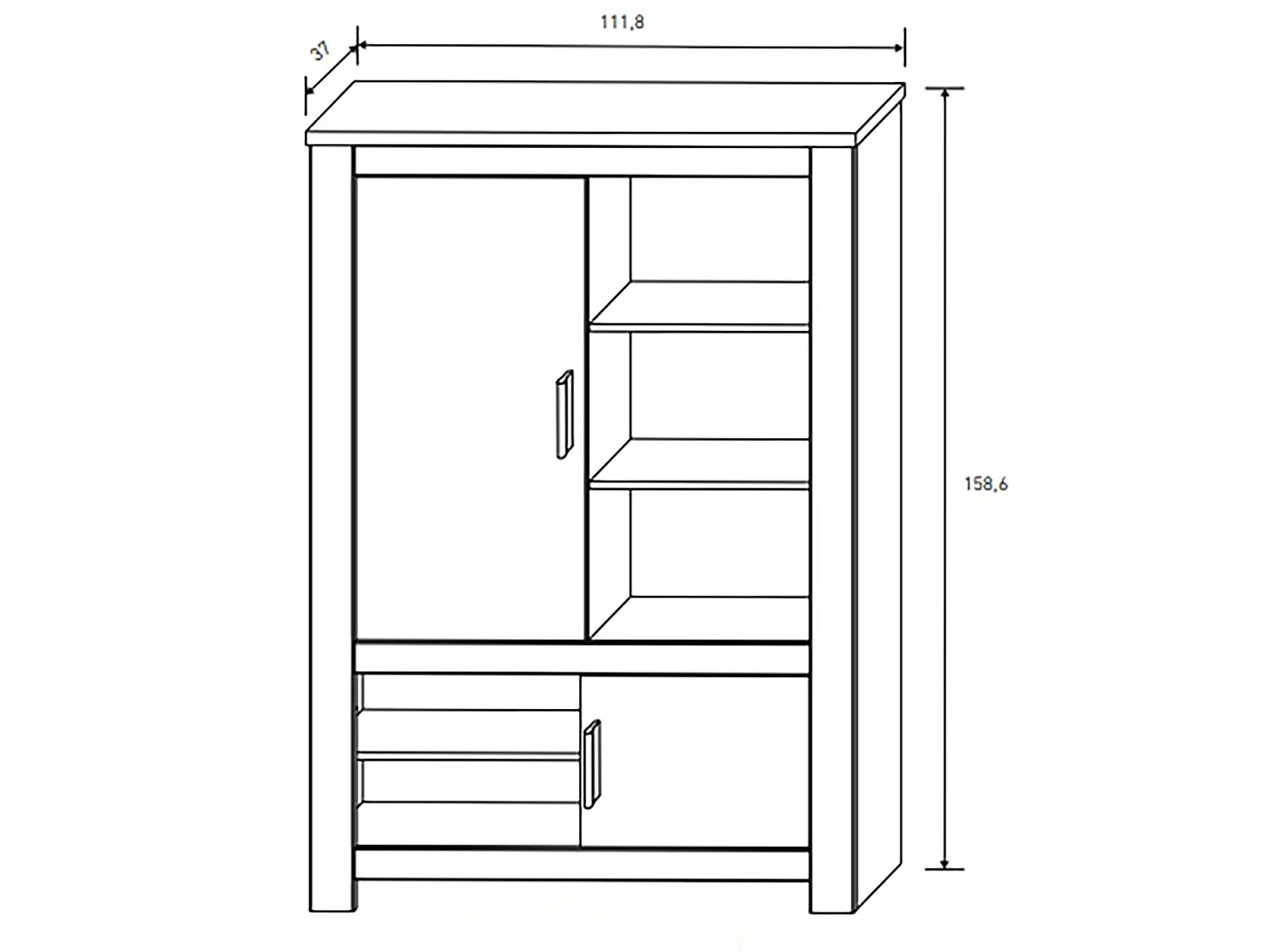 Buffet haut, meuble de rangement coloris Chêne truffé, blanc vieilli - Longueur 112 x Profondeur 37 x Hauteur 158,6 cm