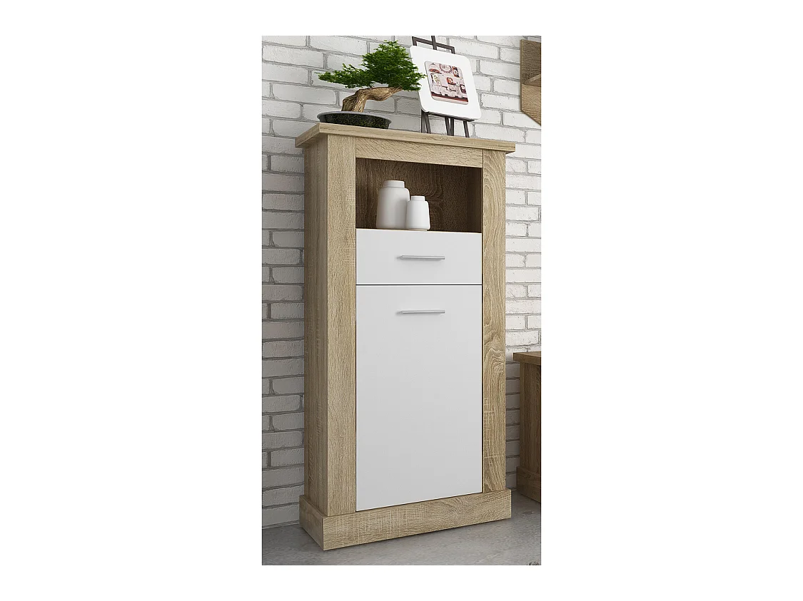 Buffet haut, meuble de rangement coloris Chêne cambrian, blanc - Longueur 66 x Profondeur 36,60 x Hauteur 135 cm