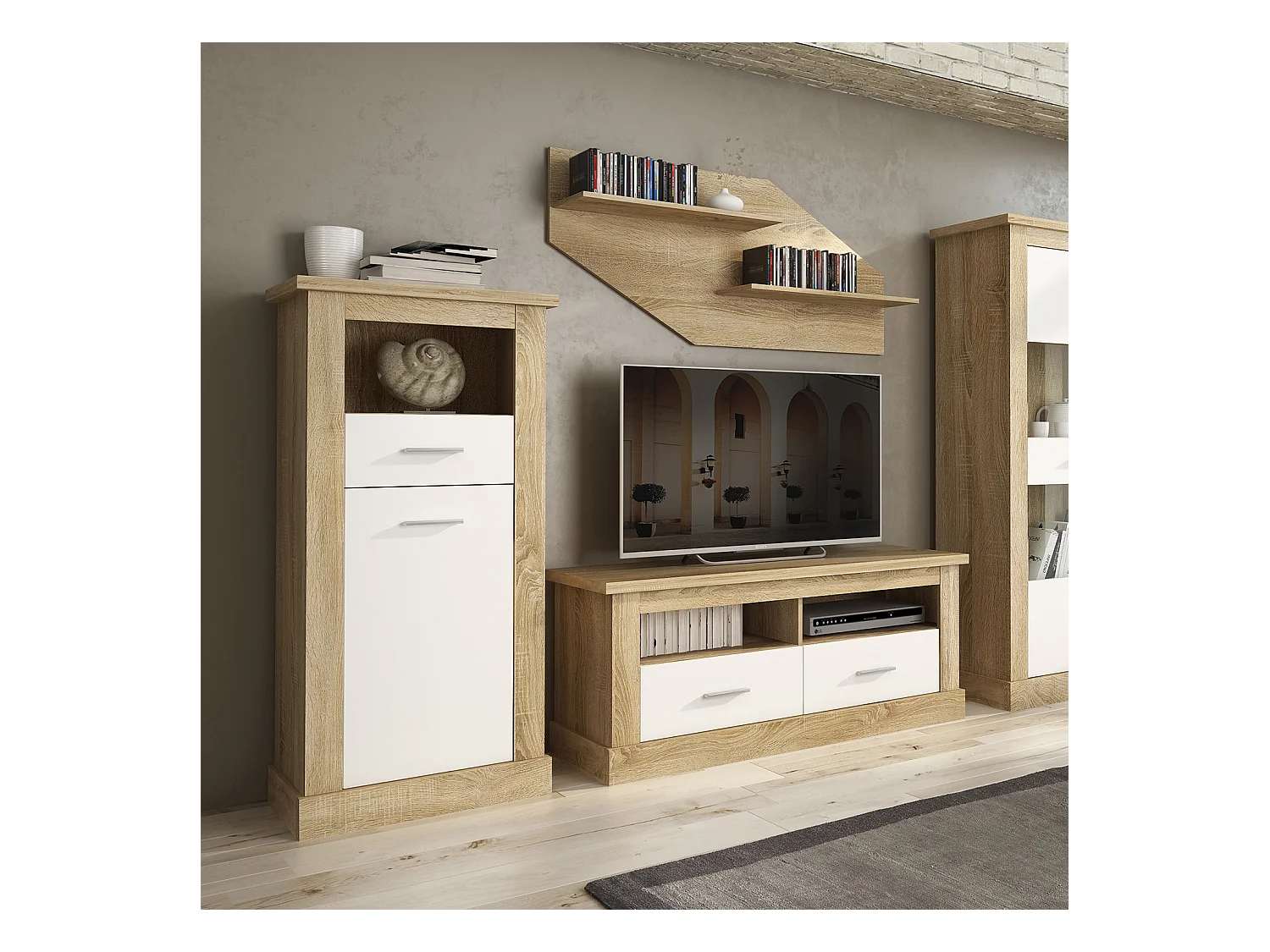 Buffet haut, meuble de rangement coloris Chêne cambrian, blanc - Longueur 66 x Profondeur 36,60 x Hauteur 135 cm