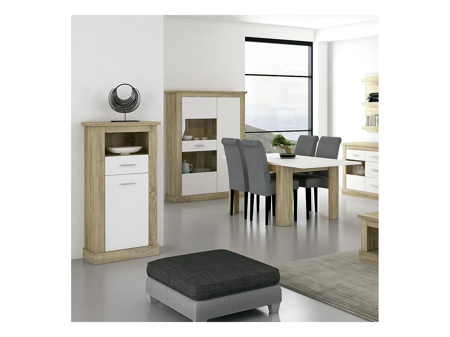 Buffet haut, meuble de rangement coloris Chêne cambrian, blanc - Longueur 66 x Profondeur 36,60 x Hauteur 135 cm