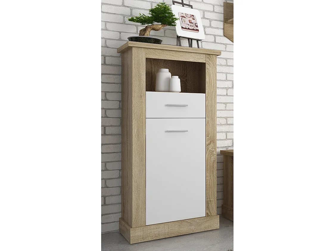 Buffet haut, meuble de rangement coloris Chêne cambrian, blanc - Longueur 66 x Profondeur 36,60 x Hauteur 135 cm