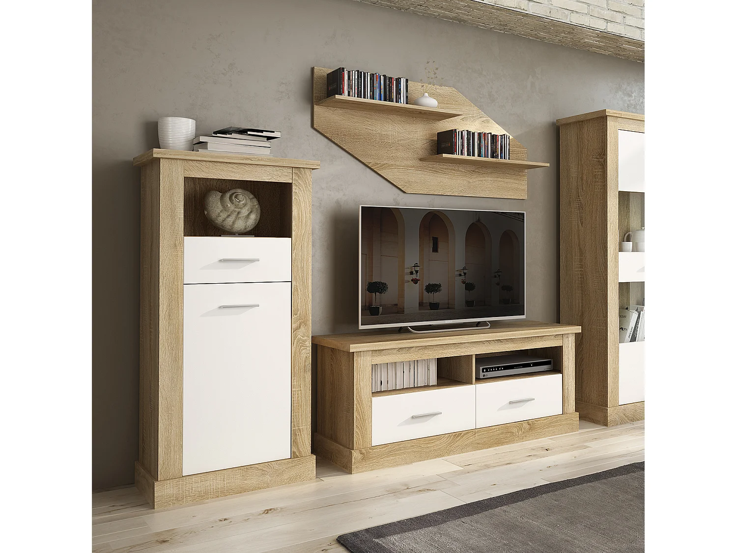 Buffet haut, meuble de rangement coloris Chêne cambrian, blanc - Longueur 66 x Profondeur 36,60 x Hauteur 135 cm