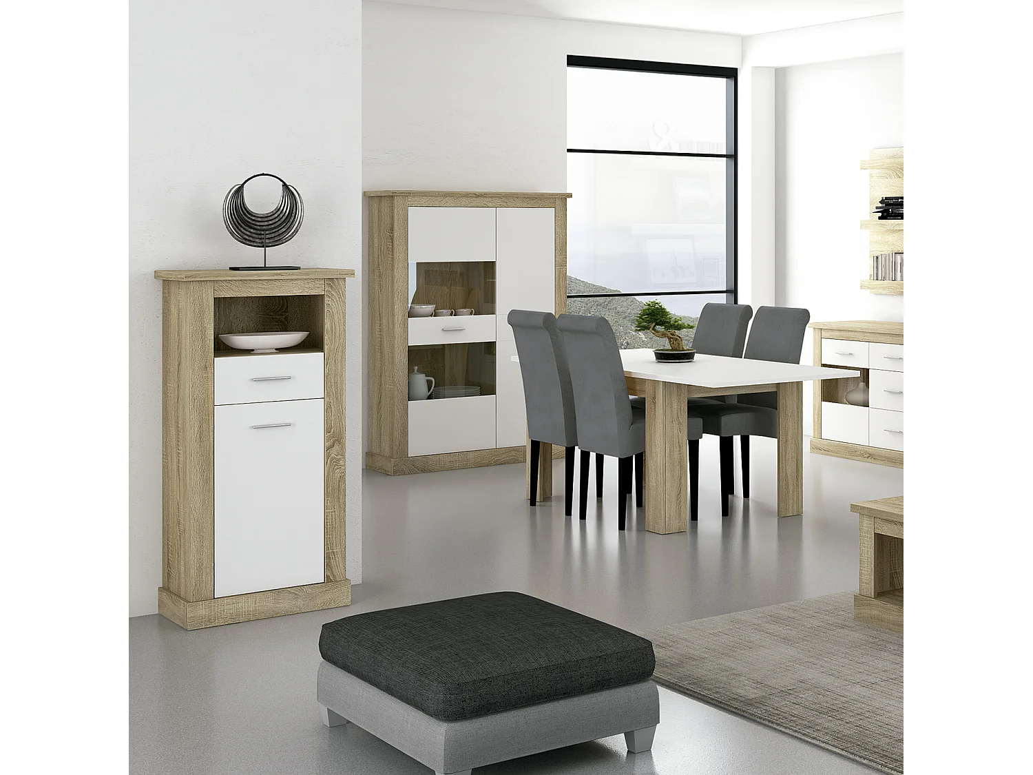 Buffet haut, meuble de rangement coloris Chêne cambrian, blanc - Longueur 66 x Profondeur 36,60 x Hauteur 135 cm