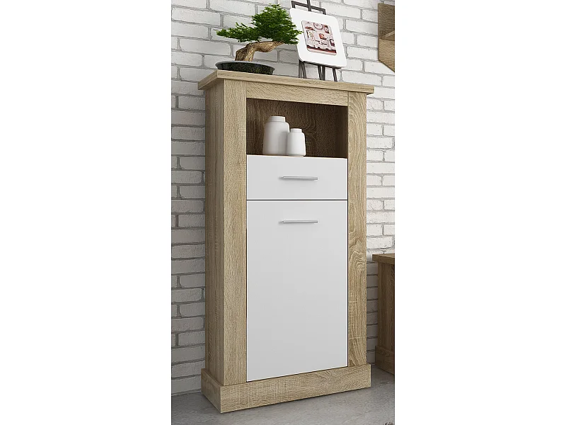 Buffet haut, meuble de rangement coloris Chêne cambrian, blanc - Longueur 66 x Profondeur 36,60 x Hauteur 135 cm
