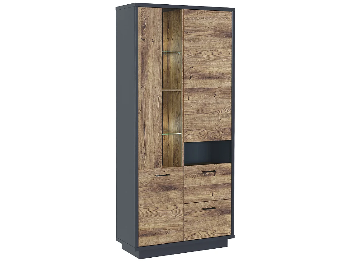 Vitrine, buffet haut coloris Chêne, graphite - Longueur 90 x Profondeur 38  x hauteur 199  cm