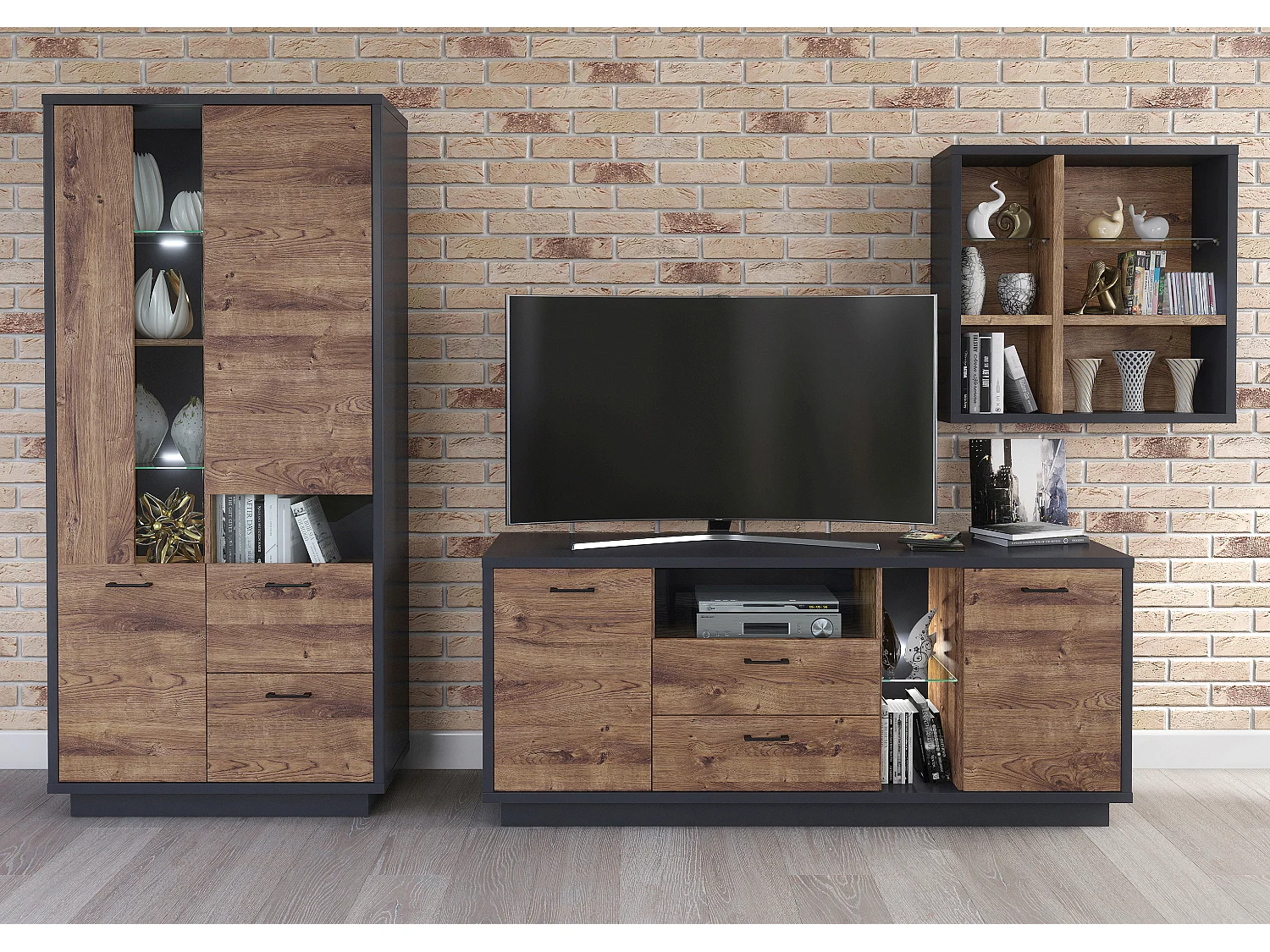 Vitrine, buffet haut coloris Chêne, graphite - Longueur 90 x Profondeur 38  x hauteur 199  cm