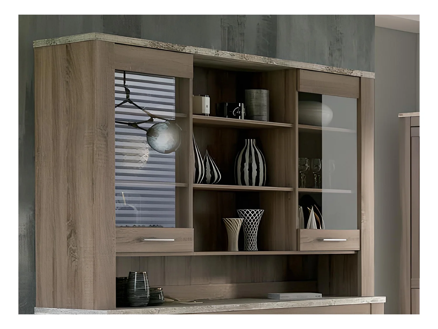 Vitrine, meuble de rangement coloris Chêne truffé, blanc vieilli - Longueur 160 x profondeur 38,4 x hauteur 107,3 cm