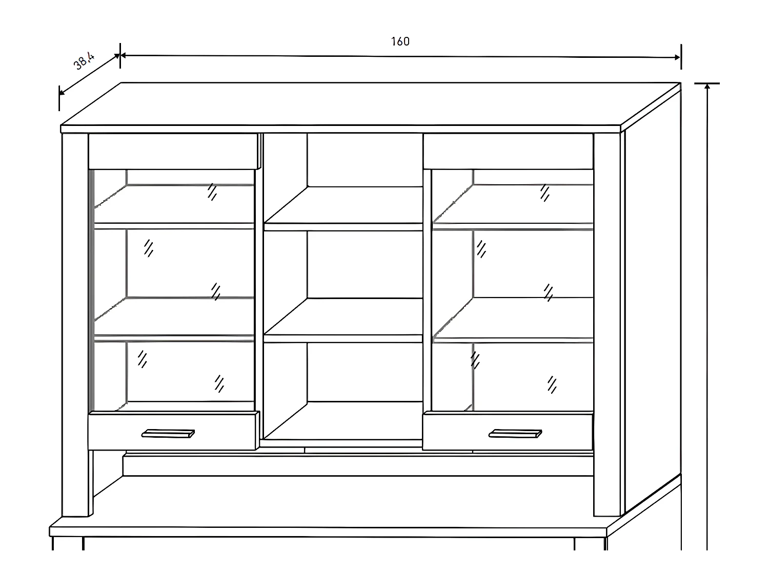 Vitrine, meuble de rangement coloris Chêne truffé, blanc vieilli - Longueur 160 x profondeur 38,4 x hauteur 107,3 cm