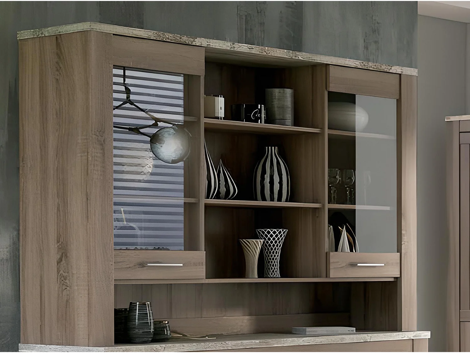 Vitrine, meuble de rangement coloris Chêne truffé, blanc vieilli - Longueur 160 x profondeur 38,4 x hauteur 107,3 cm