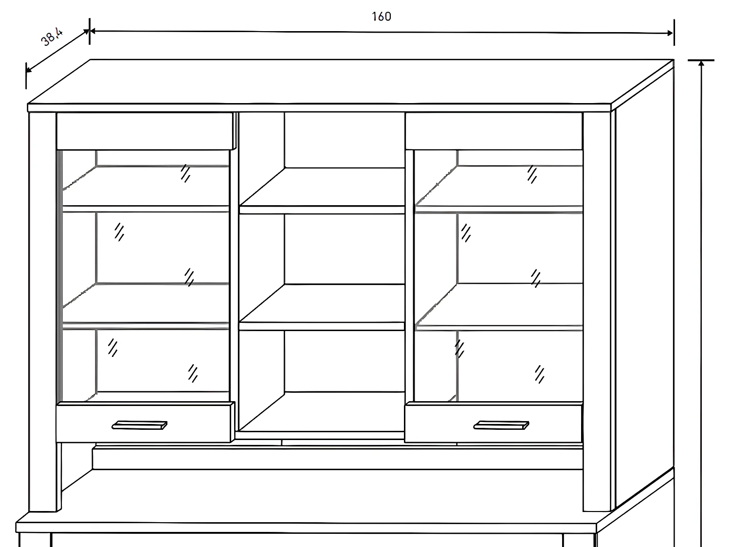 Vitrine, meuble de rangement coloris Chêne truffé, blanc vieilli - Longueur 160 x profondeur 38,4 x hauteur 107,3 cm