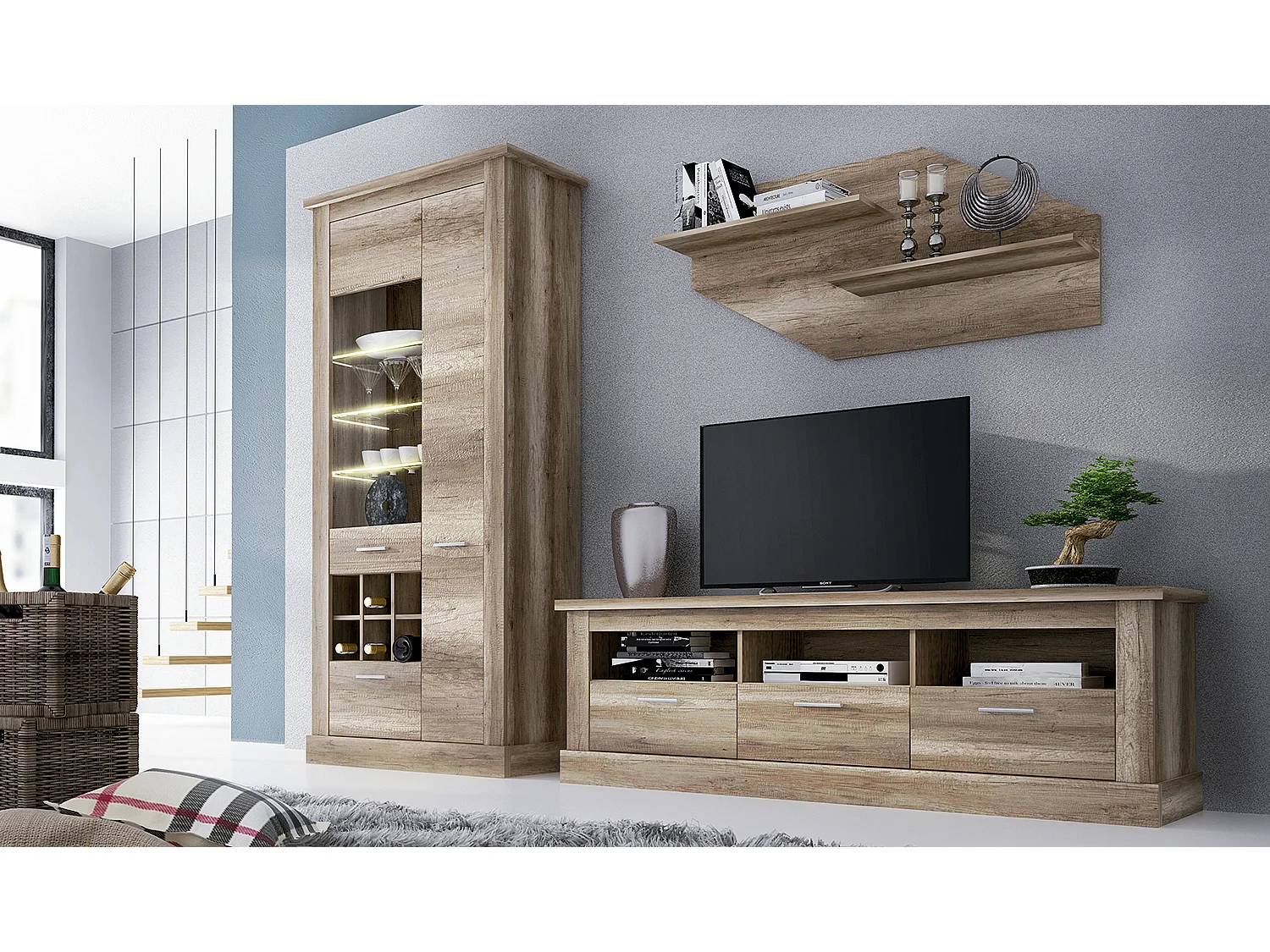Vitrine, meuble de rangement avec LED coloris chêne vieilli - Longueur 96 x profondeur 41,8 x hauteur 201,6 cm