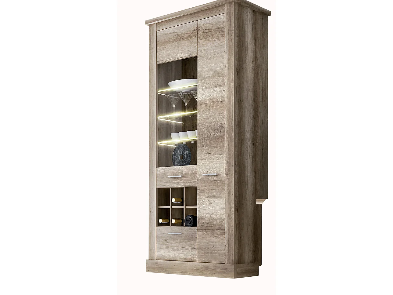 Vitrine, meuble de rangement avec LED coloris chêne vieilli - Longueur 96 x profondeur 41,8 x hauteur 201,6 cm