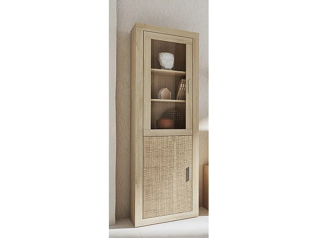 Vitrine, meuble de rangement coloris chêne cambrian, effet textile - Longueur 60 x profondeur 34,60 x hauteur 193 cm
