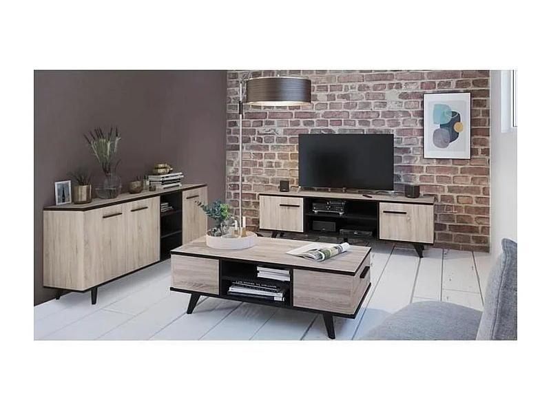 Ensemble scandinave meuble TV + table basse + buffet mélaminé - chêne brossé et noir