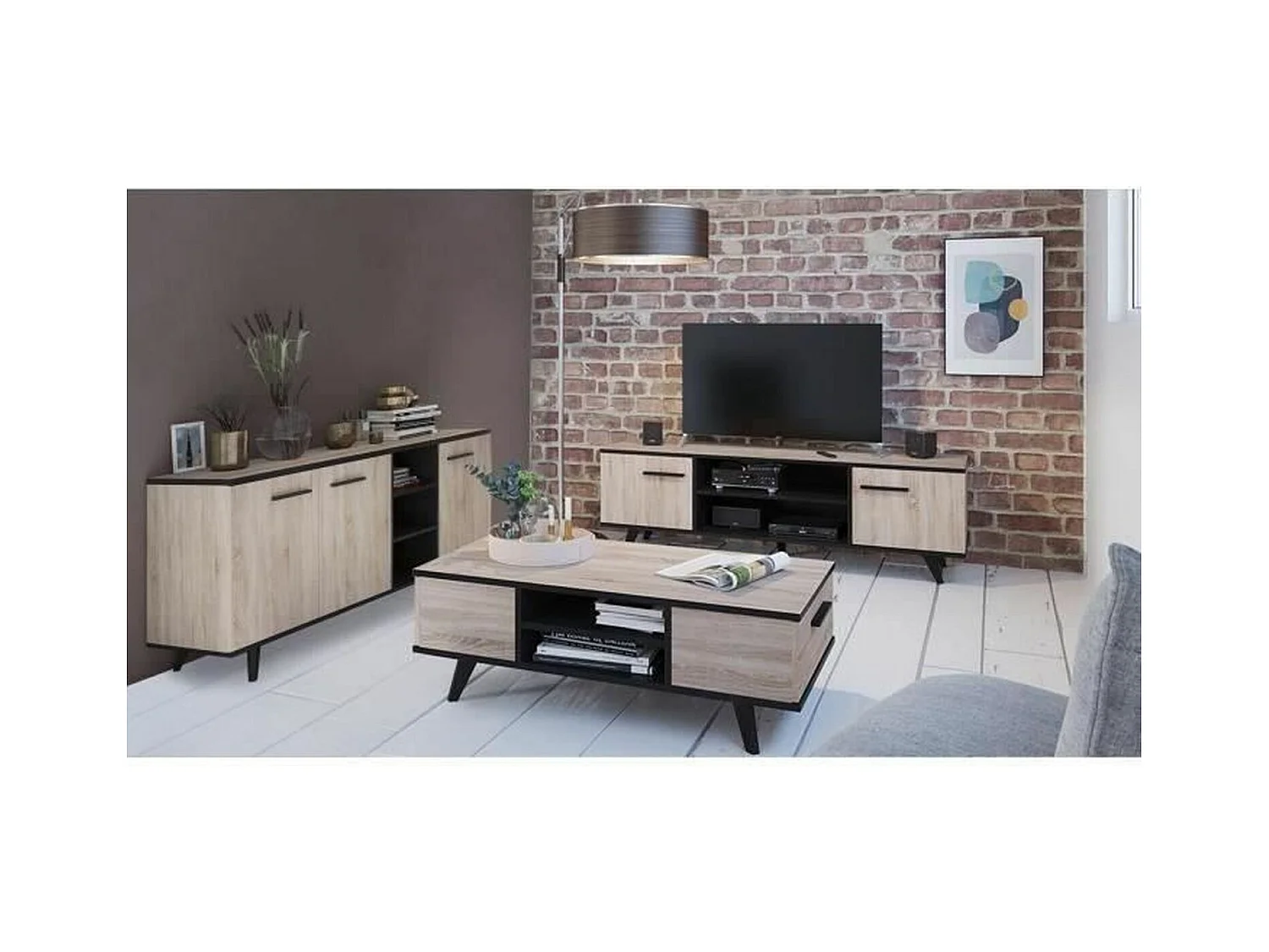 Ensemble scandinave meuble TV + table basse + buffet mélaminé - chêne brossé et noir