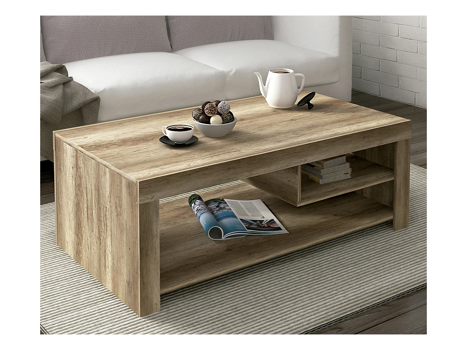 Table basse coloris chêne vieilli - longueur 110,20 x profondeur 60 x hauteur 40 cm