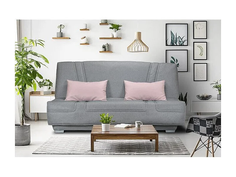 Banquette clic clac BULTEX - Tissu Gris + Coussins déco rose - L193 x P95 x H101cm - BELYNDA