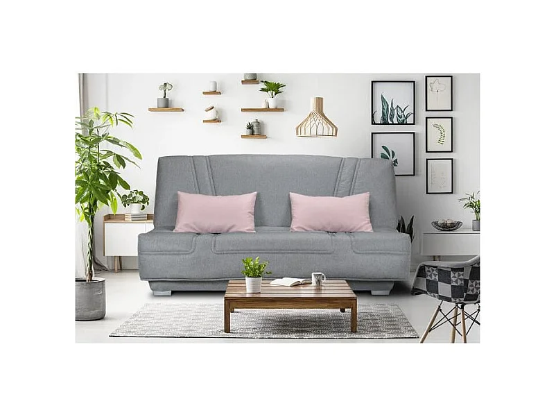 Banquette clic clac BULTEX - Tissu Gris + Coussins déco rose - L193 x P95 x H101cm - BELYNDA
