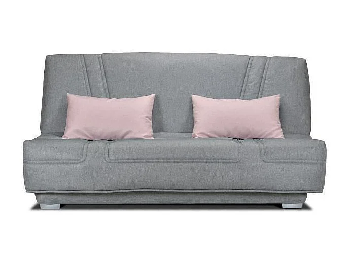 Banquette clic clac BULTEX - Tissu Gris + Coussins déco rose - L193 x P95 x H101cm - BELYNDA