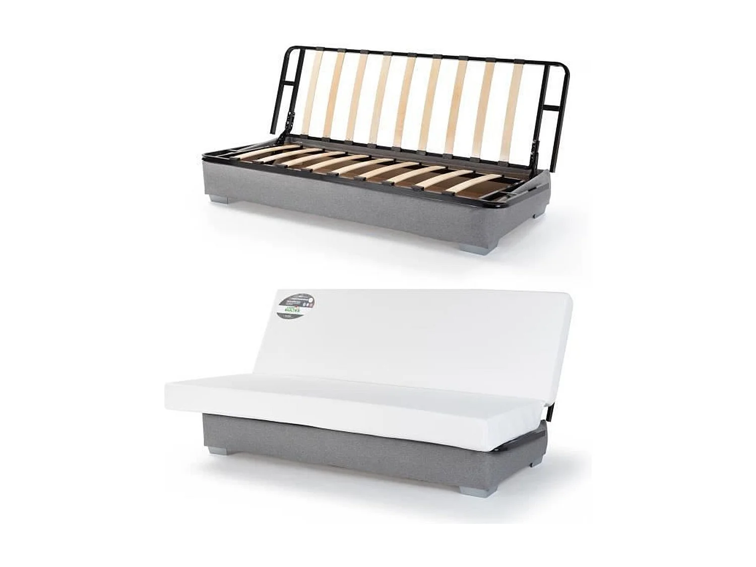 Banquette clic clac BULTEX - Tissu Gris + Coussins déco rose - L193 x P95 x H101cm - BELYNDA