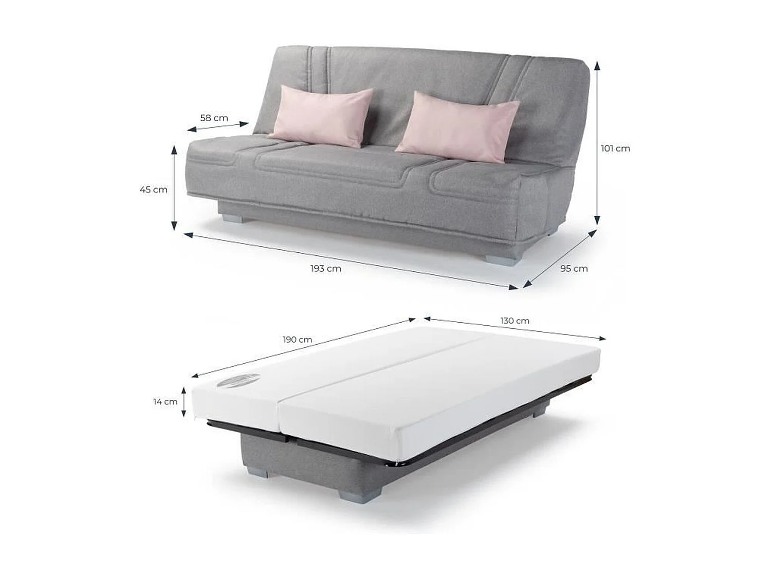 Banquette clic clac BULTEX - Tissu Gris + Coussins déco rose - L193 x P95 x H101cm - BELYNDA