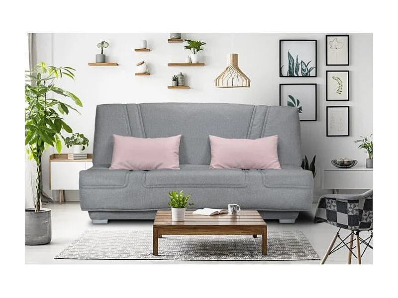 Banquette clic clac BULTEX - Tissu Gris + Coussins déco rose - L193 x P95 x H101cm - BELYNDA