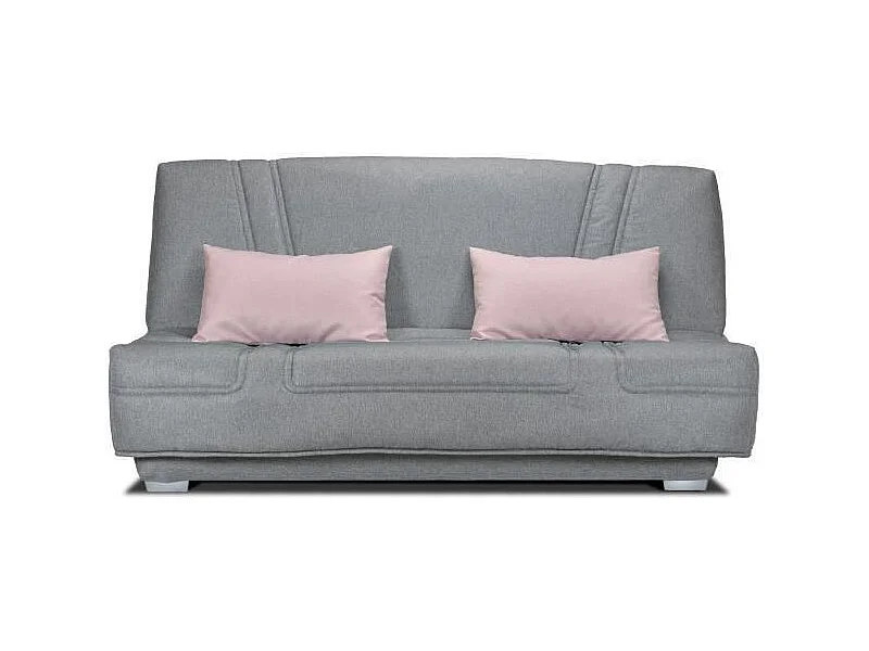 Banquette clic clac BULTEX - Tissu Gris + Coussins déco rose - L193 x P95 x H101cm - BELYNDA