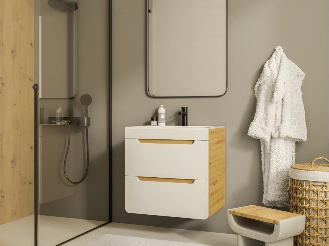 vente unique Meuble de salle de bain suspendu avec vasque à encastrer - Coloris naturel et blanc - 60 cm - ARUBA