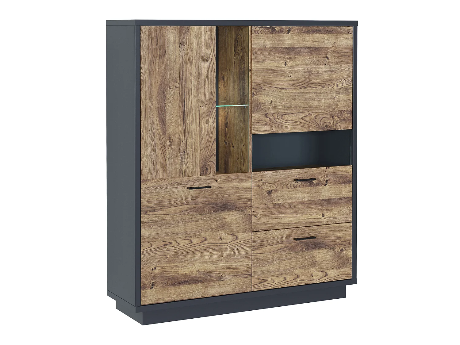Buffet haut avec LED , meuble de rangement coloris Chêne, graphite  -  Longueur 125  x Profondeur 38 x Hauteur 147 cm
