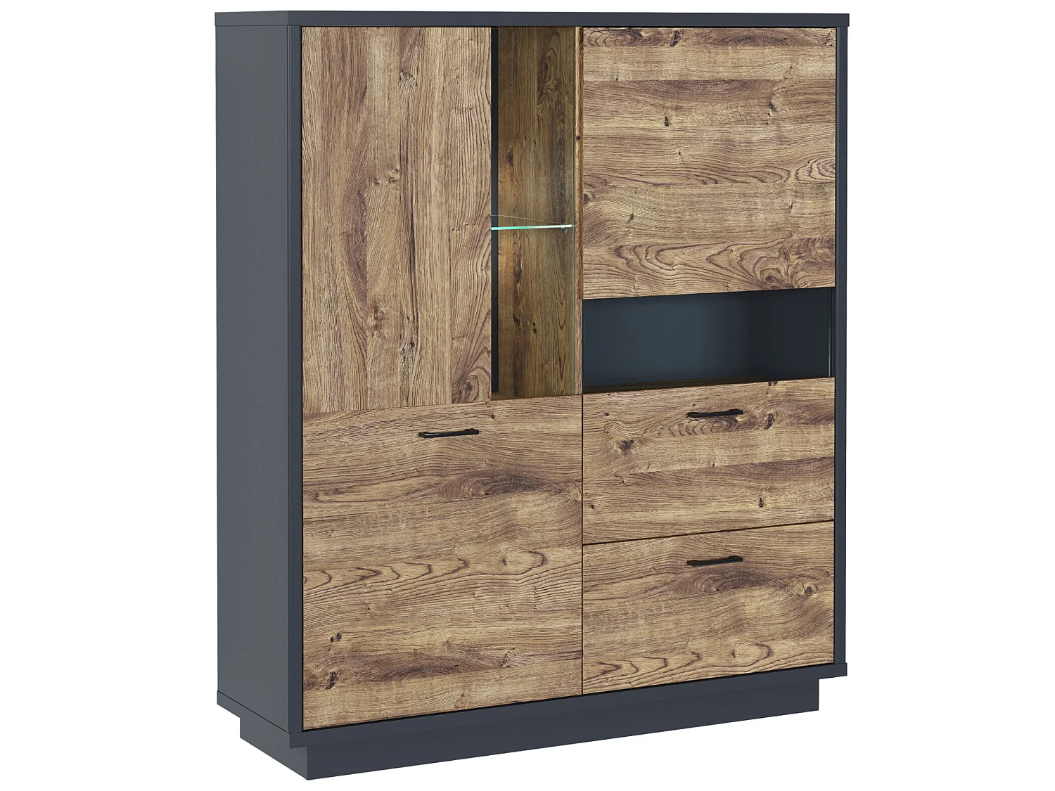 Buffet haut avec LED , meuble de rangement coloris Chêne, graphite  -  Longueur 125  x Profondeur 38 x Hauteur 147 cm