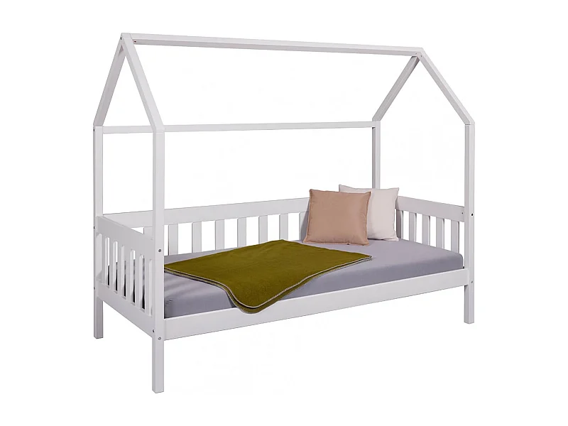 SARRY - Lit Cabane 90x200cm avec Barrières en Pin Massif Blanc