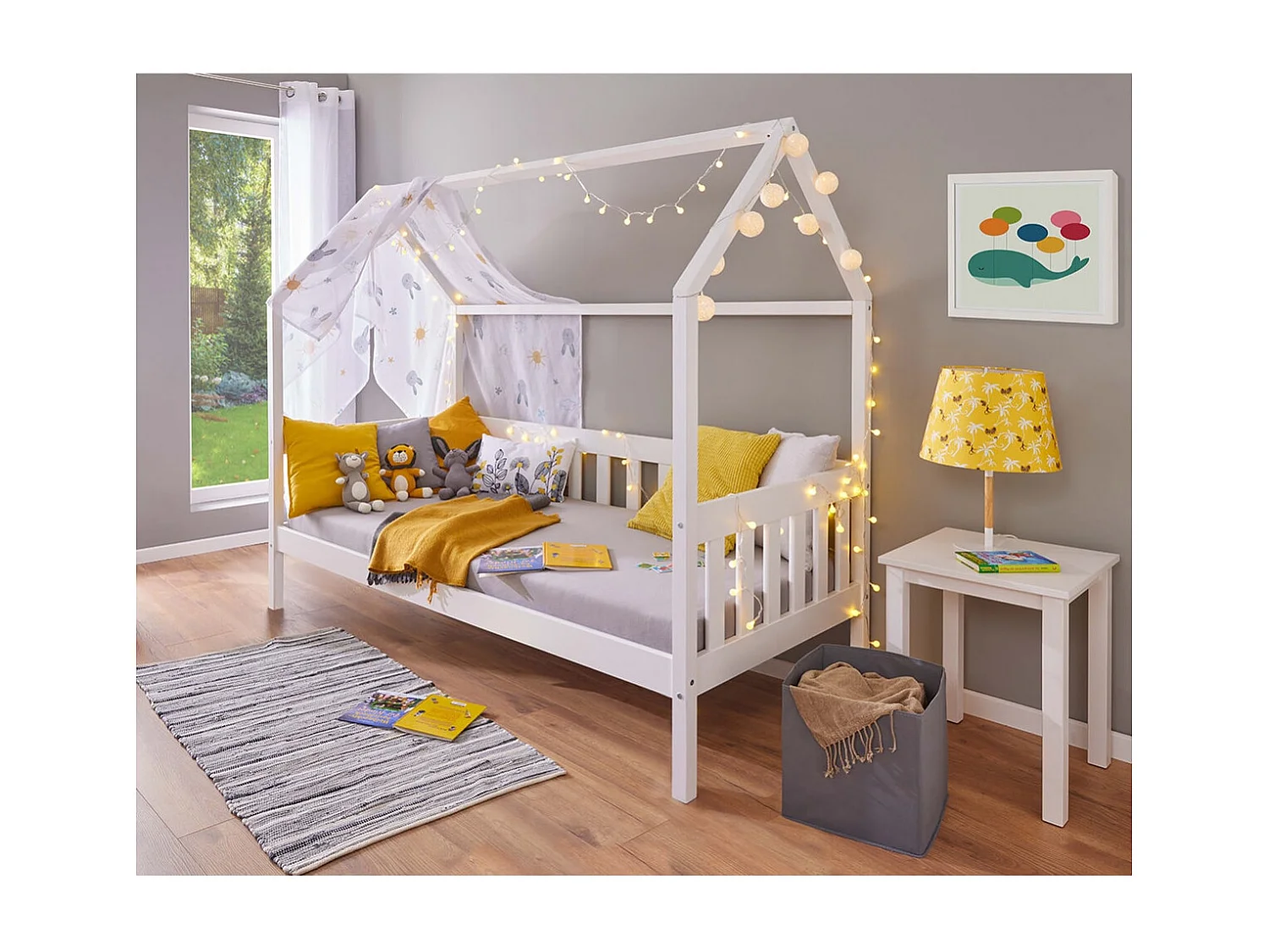 SARRY - Lit Cabane 90x200cm avec Barrières en Pin Massif Blanc