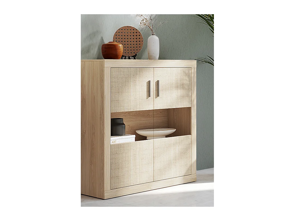 Buffet, meuble de rangement coloris chêne cambrian/effet textile - Longueur 110 x profondeur 34,6 x hauteur 110 cm