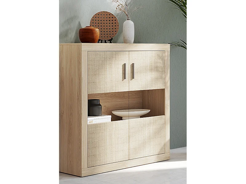 Buffet, meuble de rangement coloris chêne cambrian/effet textile - Longueur 110 x profondeur 34,6 x hauteur 110 cm